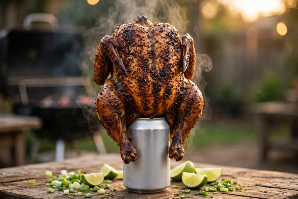 Jamaican jerk beer can chicken with dark spiced skin, upright on a can.
