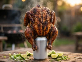 Jamaican jerk beer can chicken with dark spiced skin, upright on a can.