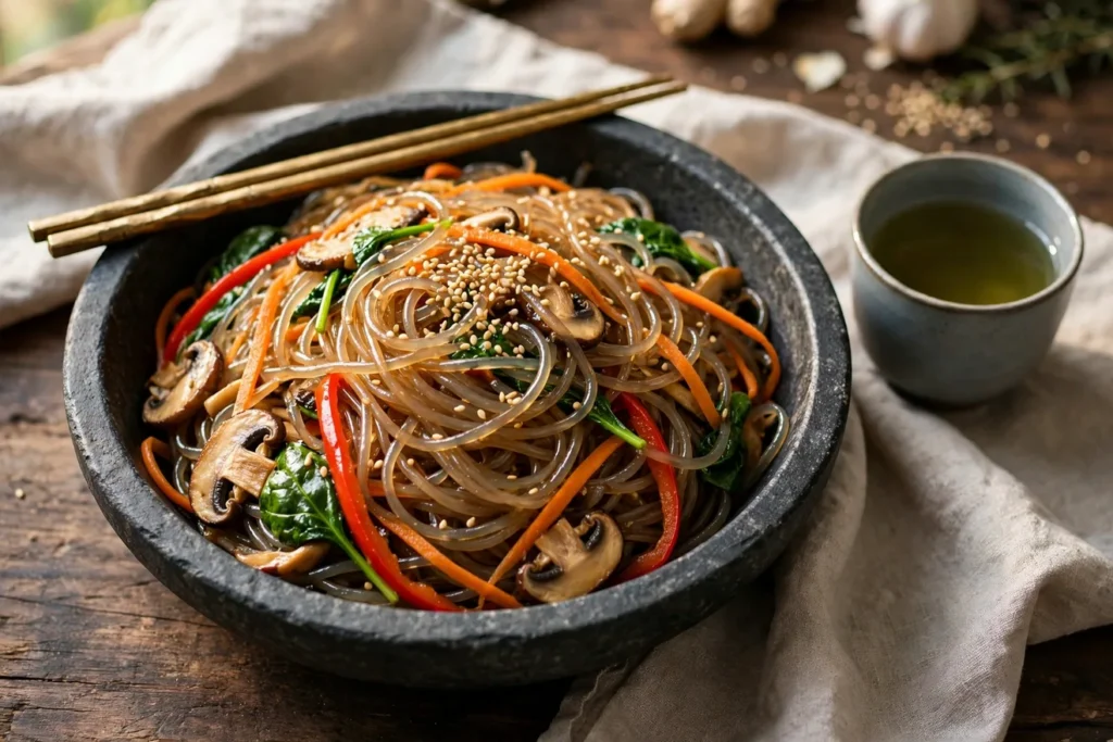 Japchae, Korean glass noodles, with vegetables and sesame.