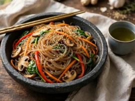 Japchae, Korean glass noodles, with vegetables and sesame.