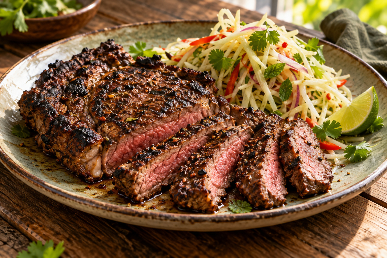 Jerk Rubbed Rib-Eye with Green Papaya Relish