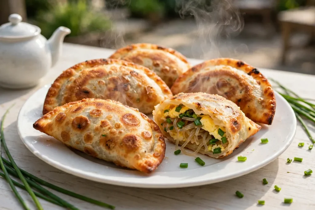 Chive pockets, jiu cai he zi, griddle-fried with garlic chive and egg filling.