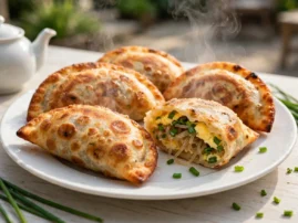 Chive pockets, jiu cai he zi, griddle-fried with garlic chive and egg filling.