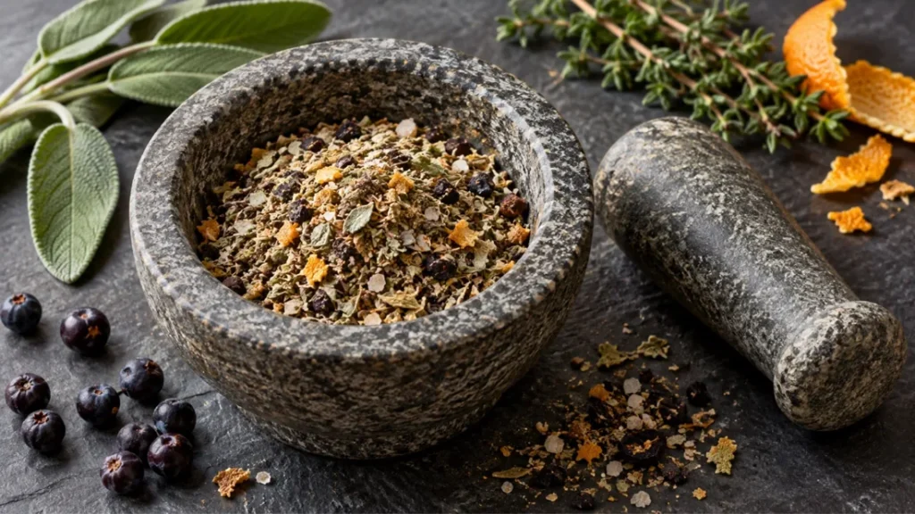 Juniper sage quail rub in a stone mortar with juniper berries, sage and thyme