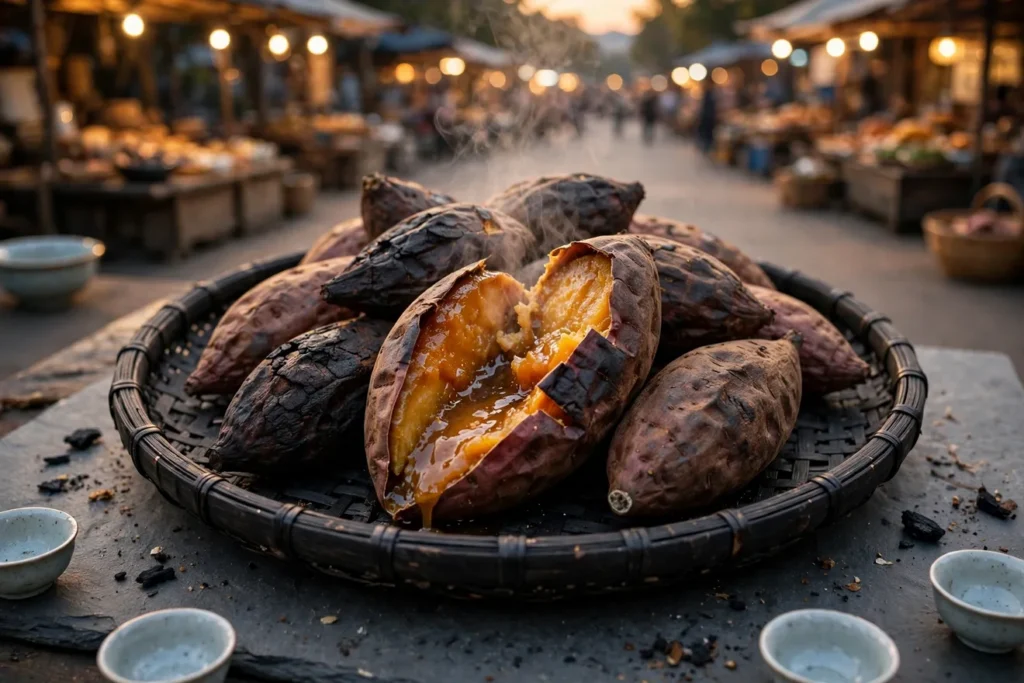 Kao hongshu, Chinese street-style roasted sweet potatoes, split open with syrupy flesh.