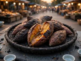Kao hongshu, Chinese street-style roasted sweet potatoes, split open with syrupy flesh.