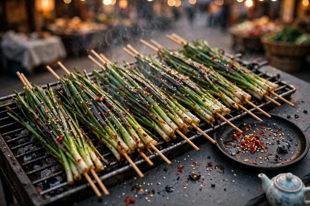 Kao jiucai, Chinese grilled garlic chives, blistered over charcoal with spiced oil.