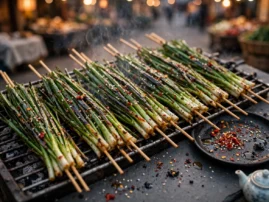 Kao jiucai, Chinese grilled garlic chives, blistered over charcoal with spiced oil.