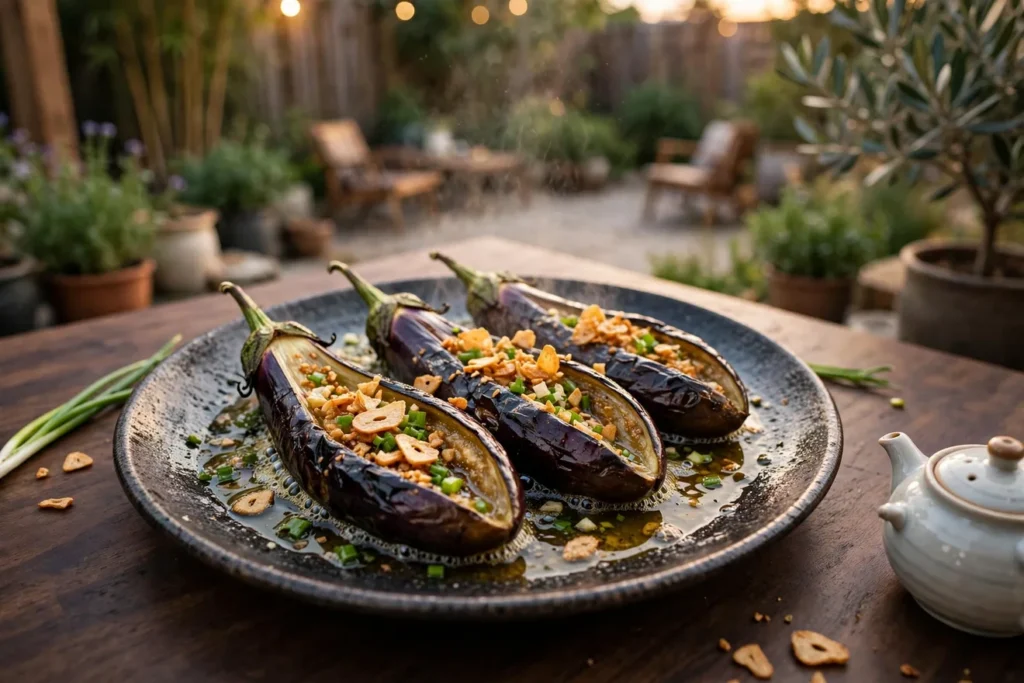 Kao qiezi, whole grilled eggplant with garlic, collapsed over charcoal with garlic oil.