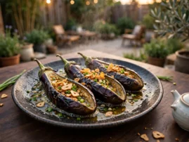 Kao qiezi, whole grilled eggplant with garlic, collapsed over charcoal with garlic oil.