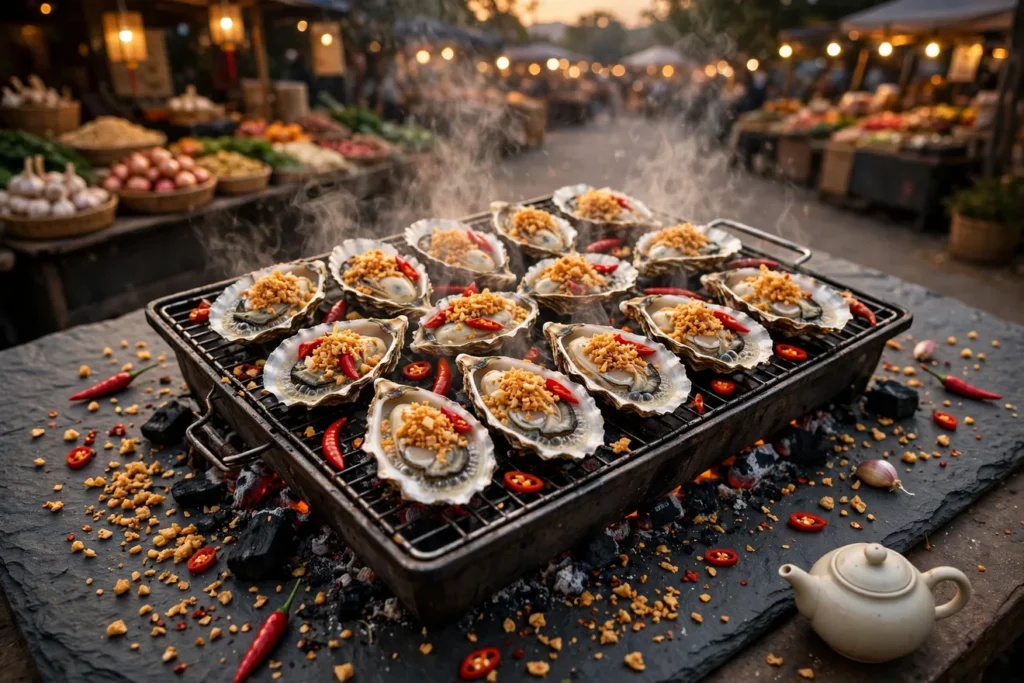 Kao shenghao, Chinese grilled oysters with garlic, grilled in the half shell.