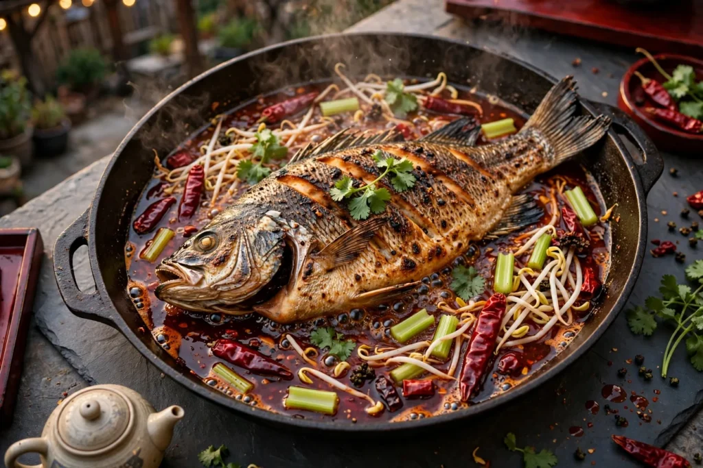 Kao yu, Chongqing-style grilled fish, sizzling in chile oil with vegetables.