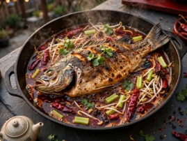 Kao yu, Chongqing-style grilled fish, sizzling in chile oil with vegetables.
