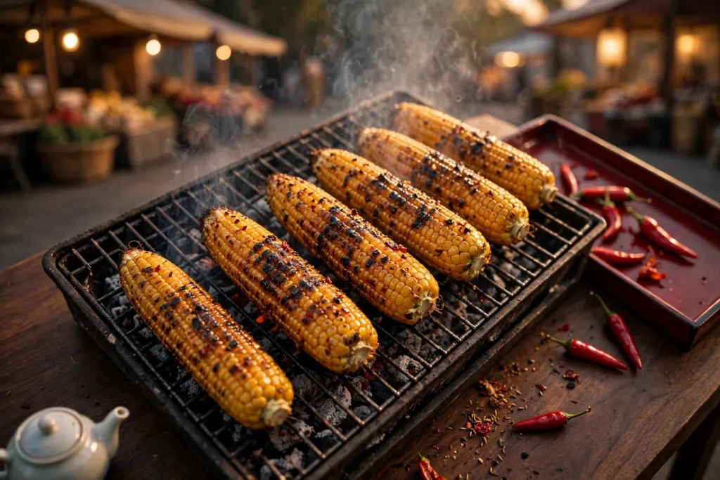 Kao yumi, shaokao-style grilled corn, brushed with chile-cumin oil over charcoal.