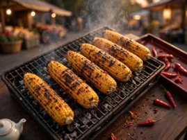 Kao yumi, shaokao-style grilled corn, brushed with chile-cumin oil over charcoal.