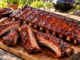 Ribs coated in a Kansas City dry rub and brushed with classic KC barbecue sauce.