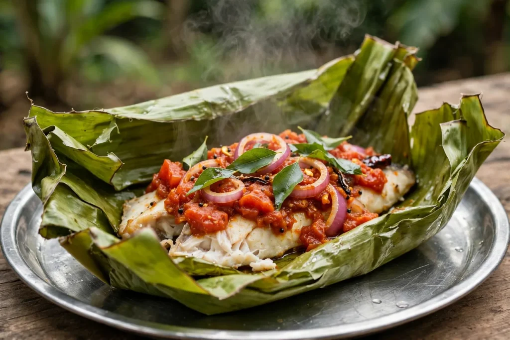 Banana-leaf fish parcel topped with tomato masala and curry leaves.