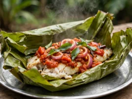Banana-leaf fish parcel topped with tomato masala and curry leaves.