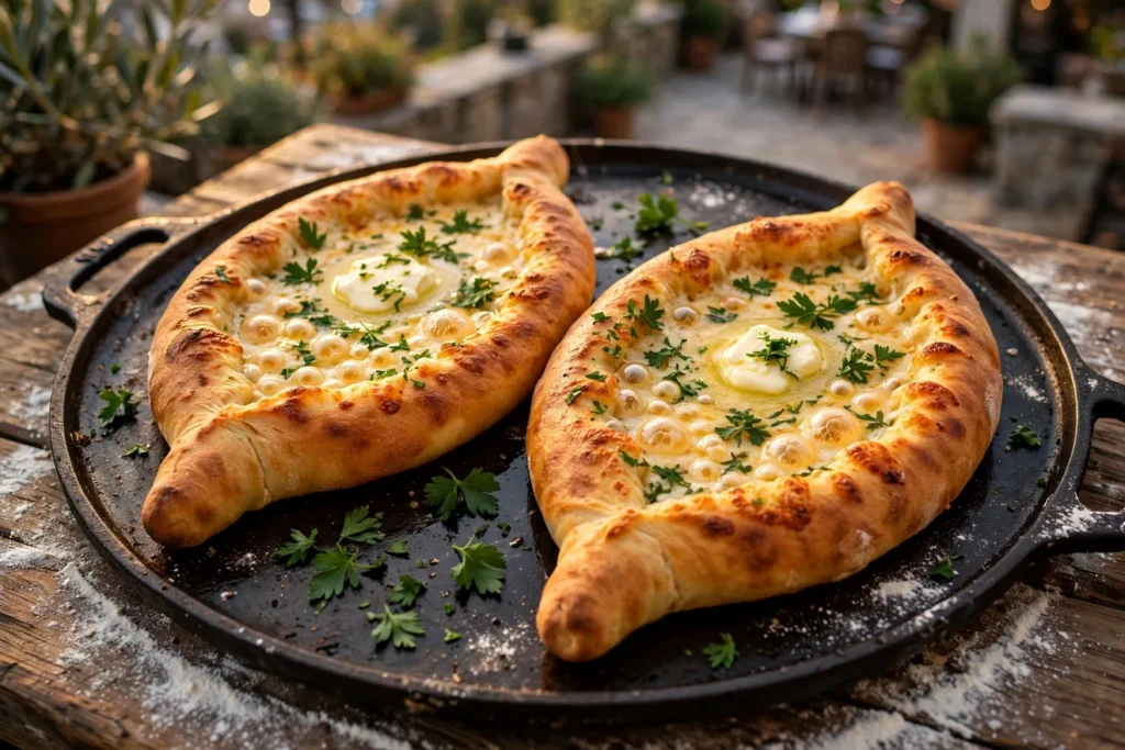 Khachapuri on the grill, boat-shaped cheese bread with bubbling filling.