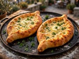 Khachapuri on the grill, boat-shaped cheese bread with bubbling filling.