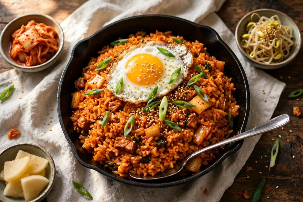 Kimchi bokkeumbap, Korean kimchi fried rice, in cast iron with a fried egg.