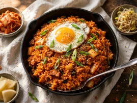Kimchi bokkeumbap, Korean kimchi fried rice, in cast iron with a fried egg.