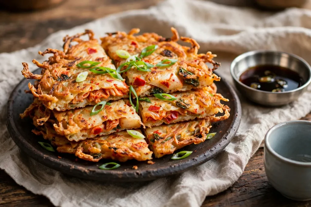 Kimchi jeon, Korean kimchi pancakes, with a soy dipping sauce.