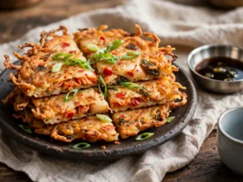 Kimchi jeon, Korean kimchi pancakes, with a soy dipping sauce.