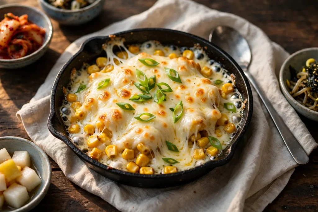 Korean corn cheese in a cast-iron skillet with bubbling mozzarella.
