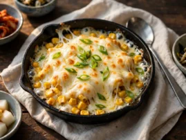 Korean corn cheese in a cast-iron skillet with bubbling mozzarella.