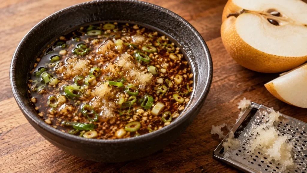 Bowl of Korean-inspired pear, soy and sesame marinade with sliced scallions, beside a halved Asian pear and a grater with grated pear