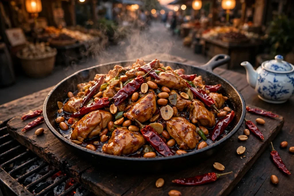 Kung pao chicken in cast iron with dried chiles, Sichuan pepper, and peanuts.