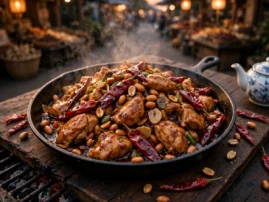 Kung pao chicken in cast iron with dried chiles, Sichuan pepper, and peanuts.