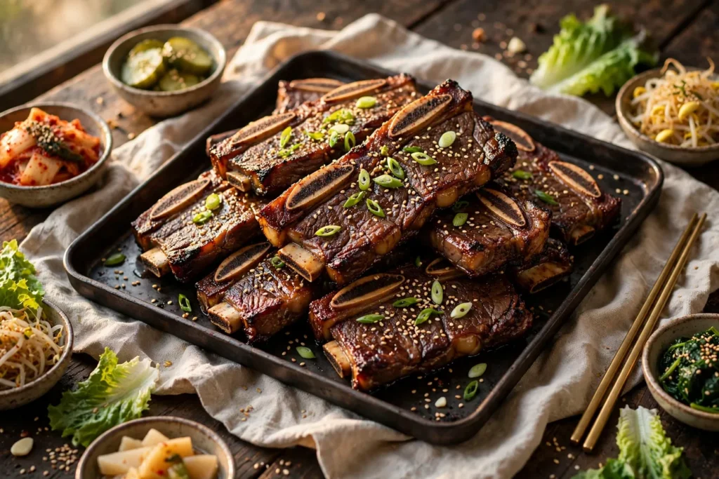 LA galbi, Korean grilled beef short ribs, with a pear-soy marinade.