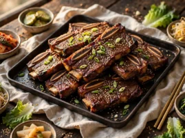 LA galbi, Korean grilled beef short ribs, with a pear-soy marinade.