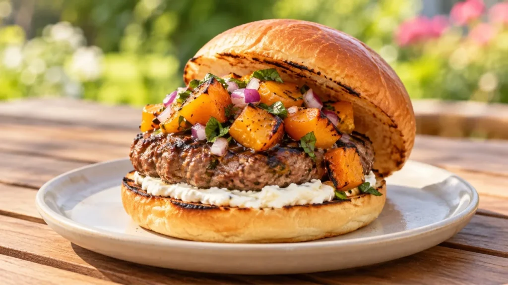 Lamb burger topped with grilled apricot relish and whipped feta.