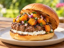 Lamb burger topped with grilled apricot relish and whipped feta.