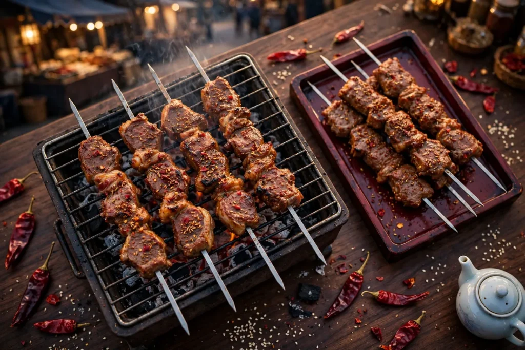 Lamb chuan'r, Xinjiang lamb skewers, grilling over charcoal with cumin and chile.