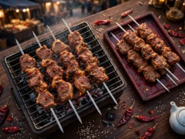 Lamb chuan'r, Xinjiang lamb skewers, grilling over charcoal with cumin and chile.