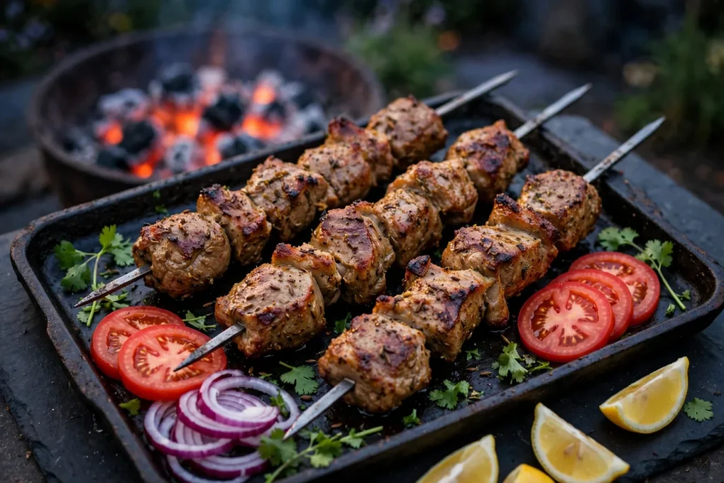 Lamb shashlik with cumin, coriander, tomatoes, onion, and herbs.