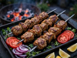 Lamb shashlik with cumin, coriander, tomatoes, onion, and herbs.