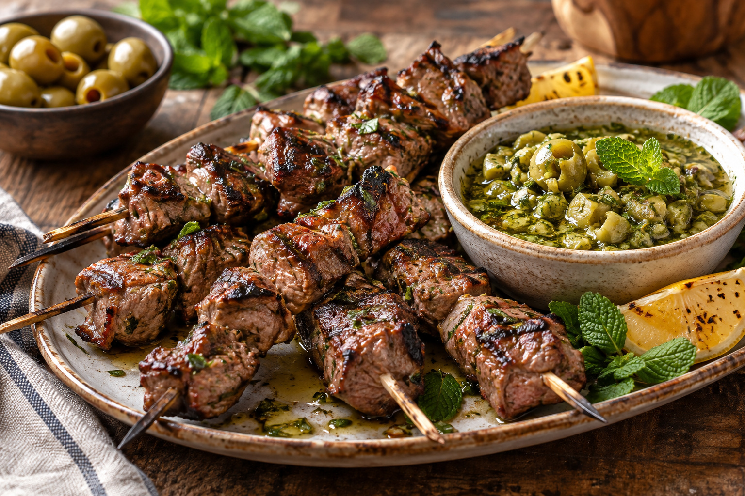 Lamb Skewers with Green Olive and Mint Sauce