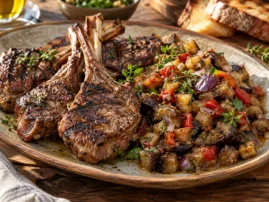 Grilled lamb served with eggplant relish.