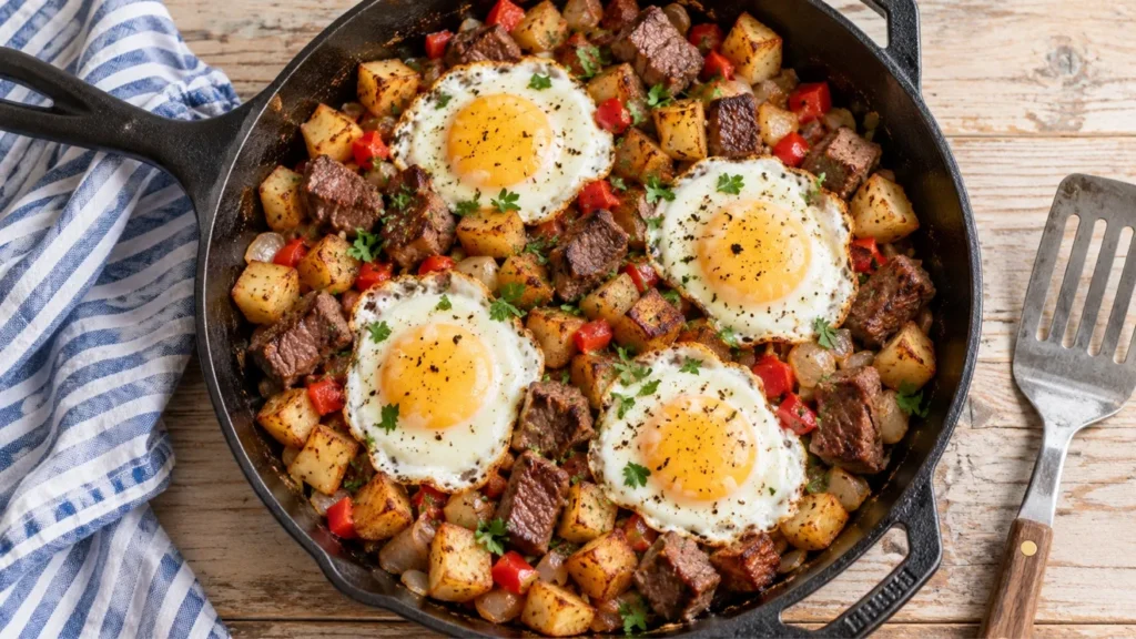 Leftover prime rib hash with browned potatoes, red pepper, parsley, and fried eggs with fully set yolks.