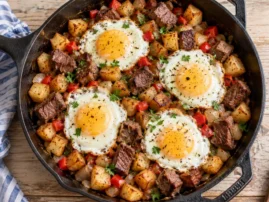 Leftover prime rib hash with browned potatoes, red pepper, parsley, and fried eggs with fully set yolks.
