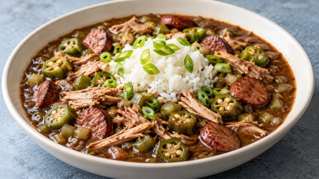 Smoked turkey and sausage gumbo with okra, white rice and sliced green onions.