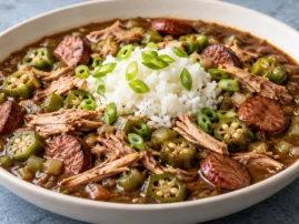 Smoked turkey and sausage gumbo with okra, white rice and sliced green onions.