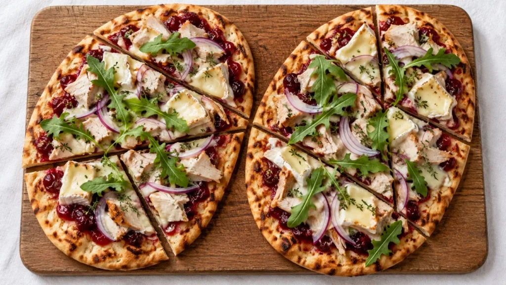 Grilled flatbread wedges topped with turkey, cranberry sauce, melted Brie and arugula.