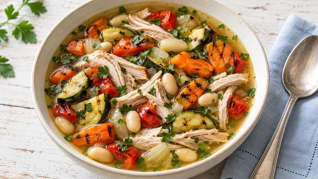 Turkey soup with white beans, grilled carrots, zucchini, red pepper and parsley in a cream bowl.