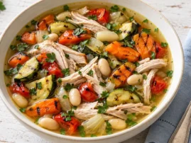 Turkey soup with white beans, grilled carrots, zucchini, red pepper and parsley in a cream bowl.